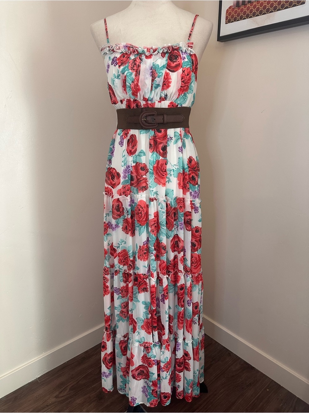 XOXO Floral Red Rose Maxi Dress with Belt